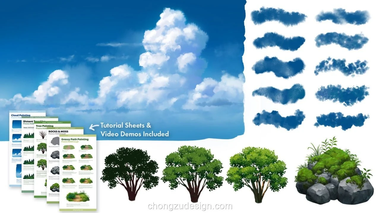 吉卜力风格自然植物树木插画笔刷合集P预览2