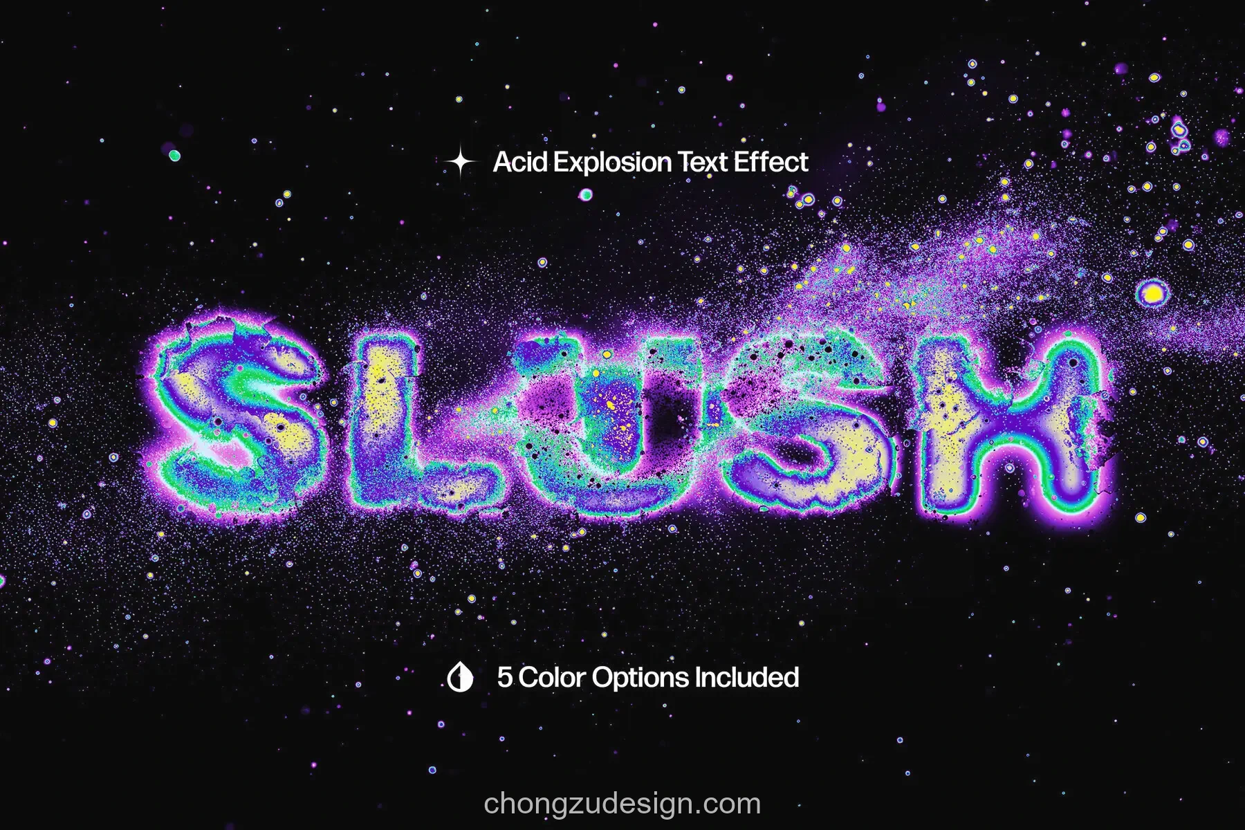 复古酸性爆炸颗粒飘散科幻文字Logo PSD特效模板（0374）效果展示图 1/6
